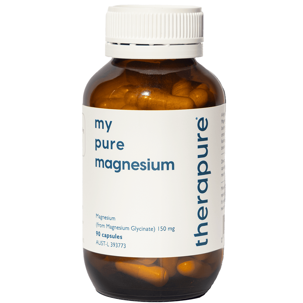 Amber bottle of Theerapure My Pure Magnesium capsules, labeled magnesium glycinate 150 mg and 90 capsules