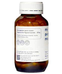 Amber bottle of vegetarian magnesium glycinate capsules, labeled 150 mg per capsule