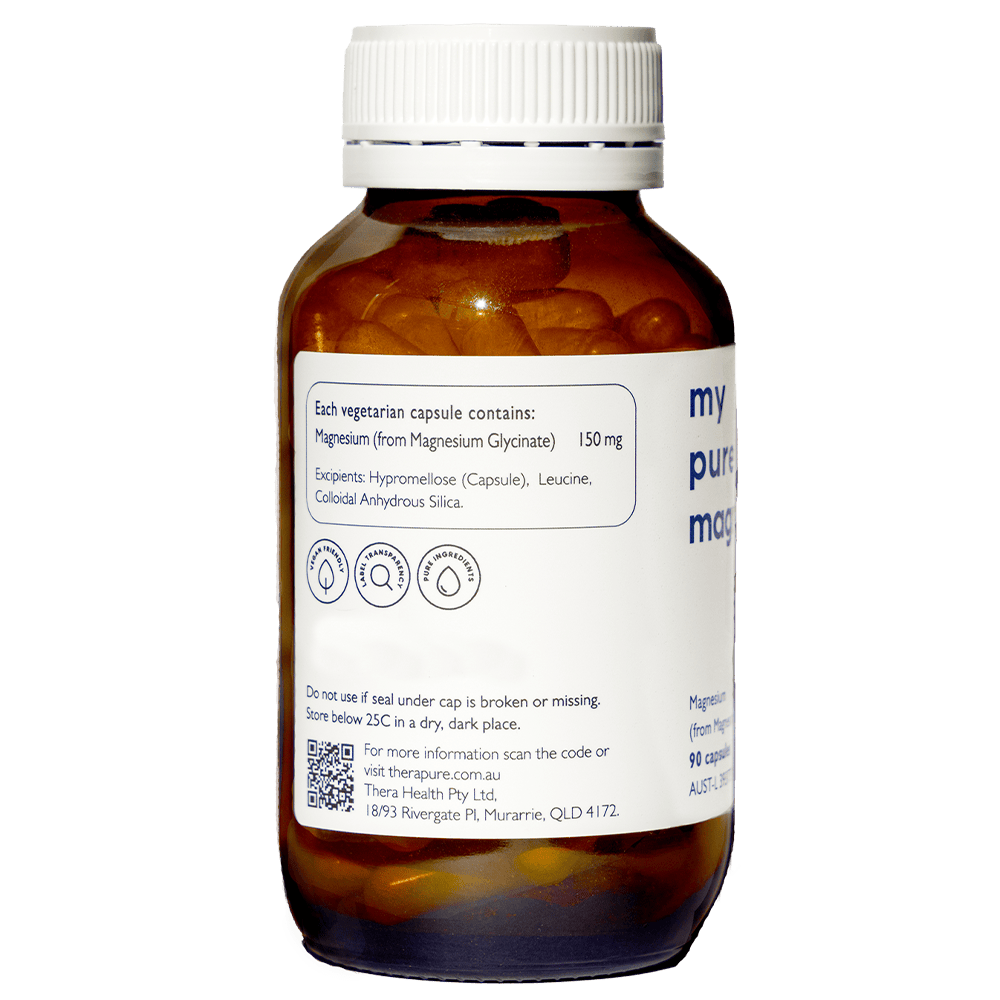 Amber bottle of vegetarian magnesium glycinate capsules, labeled 150 mg per capsule