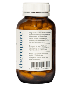 Amber bottle of Therapeur magnesium capsules with a white cap and label detailing directions and health benefits