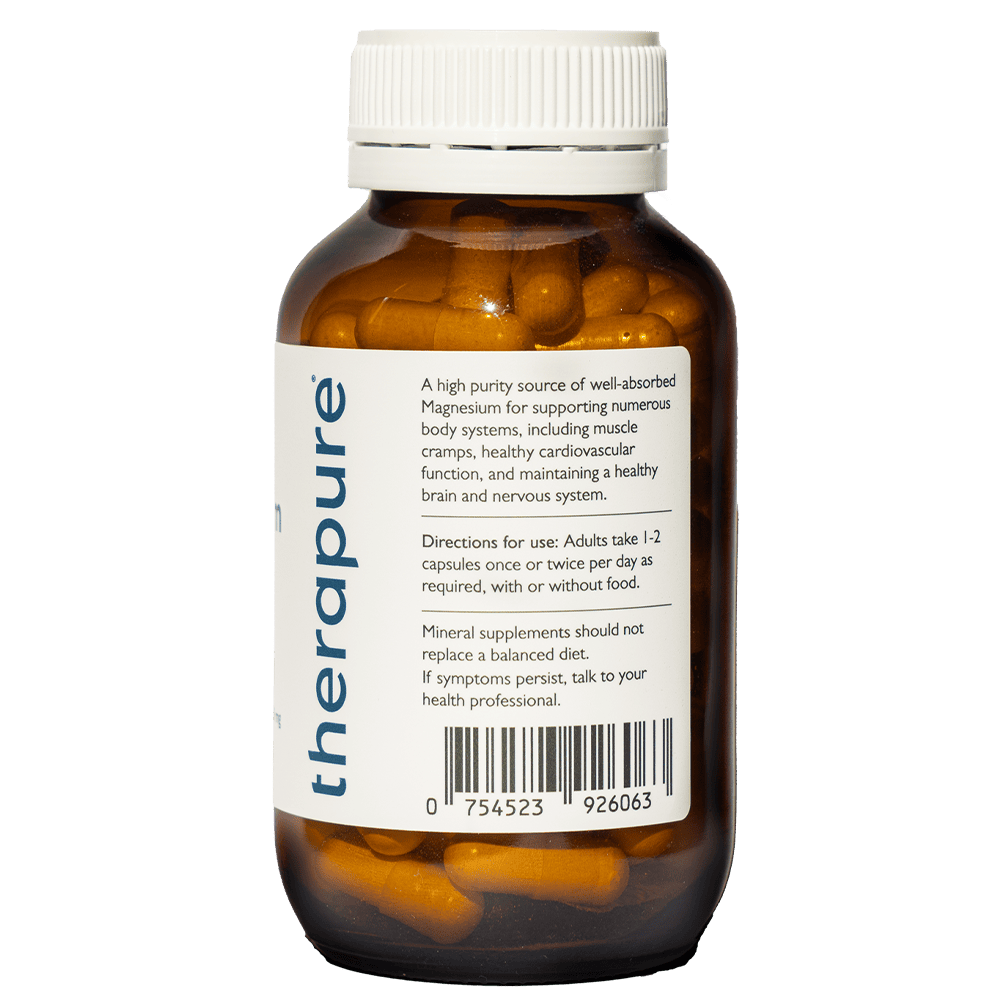 Amber bottle of Therapeur magnesium capsules with a white cap and label detailing directions and health benefits