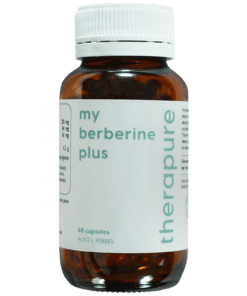 Amber bottle of Therabpure berberine plus capsules with a white cap and label stating 60 capsules
