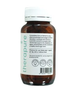 Amber supplement bottle labeled berberine and chromium, with directions, warnings, and vegan-friendly icons