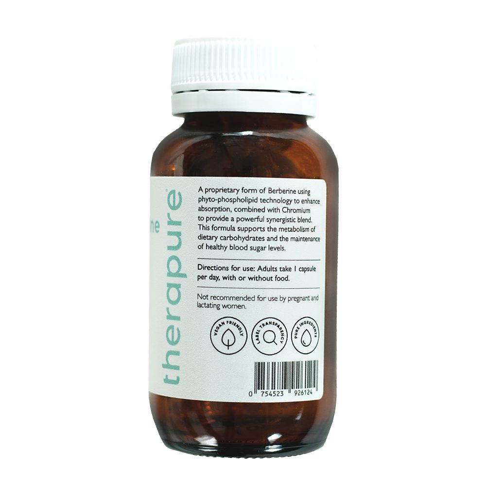 Amber supplement bottle labeled berberine and chromium, with directions, warnings, and vegan-friendly icons