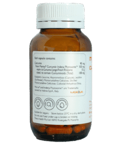 Amber bottle of curcumin supplement capsules with a white cap and detailed ingredient label