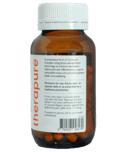 Bottle of Therapure curcumin capsules with label describing absorption, pain and inflammation relief, and dosage instructions
