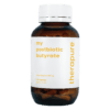 Amber bottle of The Rapue postbiotic butyrate capsules, labeled sodium butyrate 400 mg and 120 capsules