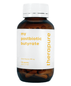 Amber bottle of The Rapue postbiotic butyrate capsules, labeled sodium butyrate 400 mg and 120 capsules